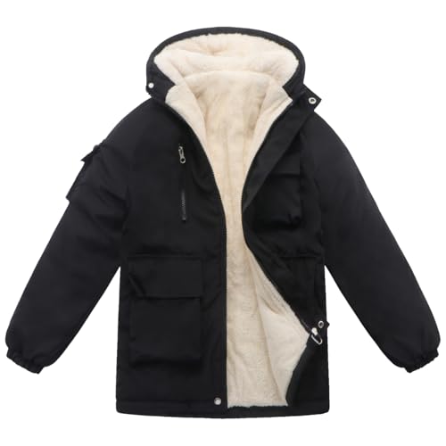 Kids Winter Fleece-Lined Coats For Boys Puffer Jackets With Hood - color: Black, size: 4-5T