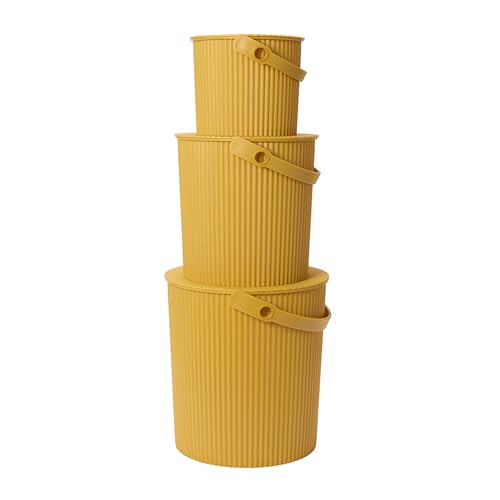 Hachiman Bucket Set of 3 Mini, Large, & Extra Large | Heavy Duty Buckets with Lid and Handle, Hands-Free Filling, Easy to Stack and Store, Indoor Outdoor Use, Mustard - color: Mustard, size: Set of 3