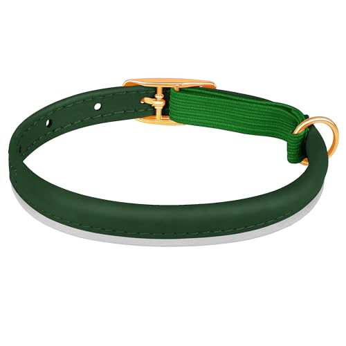 OOPSDOGGY Rolled Leather Cat Collar with Bell - Reflective Kitten Collar with Safety Elastic Strap - Adjustable Small Pet Collars for Boy Girl Cats (Green) - color: Green