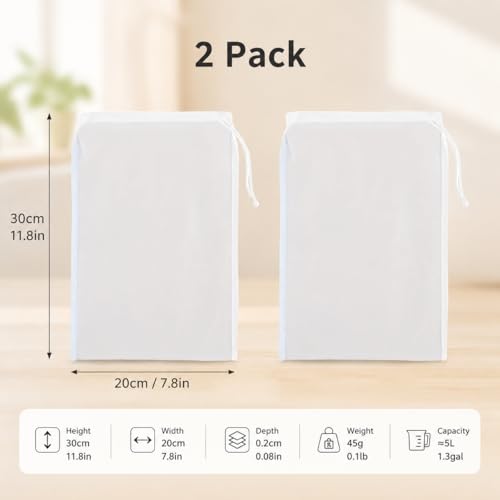 2 Pcs Nylon Filter Bags, Ultra Fine Mesh Strainer, Reusable Soymilk Juice Filter for Almond Milk Yogurt Wine Residue Food Prep