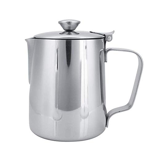 Stainless Steel Coffee Cup Mug Milk Frothing Pitcher Jug with Lid for Latte Coffee Art for Office Kitchen with handle(350mL)