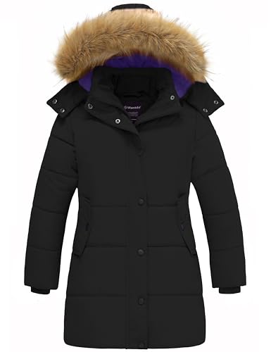 wantdo Girls' Waterproof Winter Coat Long Puffer Jacket Warm Parka Hooded - color: Black, size: 8