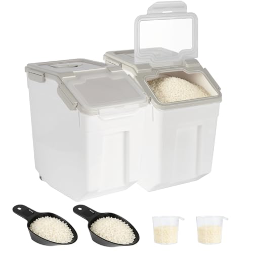 2 Pack Rice Container 25 lbs Large Bulk Flour Sugar Storage Holdhouse Plastic Grain Cereal Dry Goods Bin with Spoon and Measuring Cup for Kitchen Pantry Organization - Grey - color: Grey, 2 Pack
