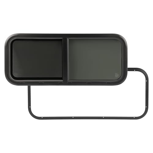 HECASA 36" W x 15" H Universal RV Window Horizontal Sliding W/Mesh Screen & | Trim Ring Teardrop Replacement for Trailer, Camper, Van, Truck Window Tempered Glass Black - size: 36" W x 15" H
