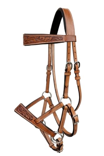 Horse Western Tan Leather Padded Bitless Training Sidepull Bridle Reins - color: Tan Antique Floral