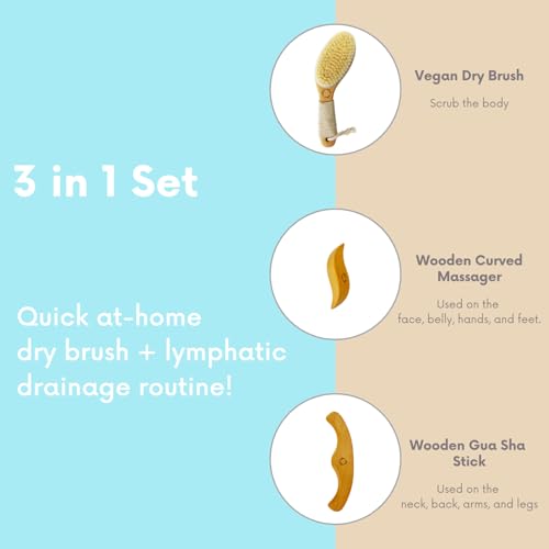 Dry Brushing Body Brush for Lymphatic Drainage with Wood Massage Tool | Vegan Dry Brush with Contoured Non-Slip Handle, Maderoterapia Gua Sha Kit for Anti-Cellulite, Body Sculpting & Sensitive Skin