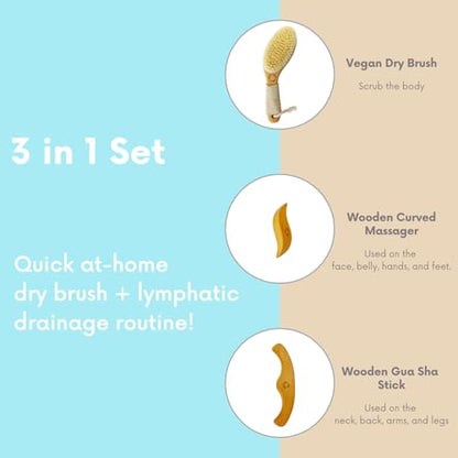 Dry Brushing Body Brush for Lymphatic Drainage with Wood Massage Tool | Vegan Dry Brush with Contoured Non-Slip Handle, Maderoterapia Gua Sha Kit for Anti-Cellulite, Body Sculpting & Sensitive Skin