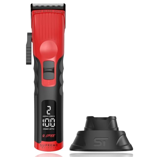 Supreme Trimmer 2Spee STC922 – Professional Cordless Hair Clipper with Removable Blade | 210 Min Runtime, 2-Speed Motor, Digital Display, Smooth Lever & Color Coded Guards - color: Red