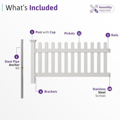 WamBam Newport Picket Fence, White Vinyl DIY No Dig Kit - color: Newport Fence