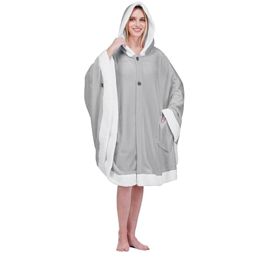 PAVILIA Hooded Blanket Poncho Fleece Wearable Shawl Wrap Throw, Light Grey | Fleece Shawl Wrap with Hood, Adult Wearable Blanket, Cozy Warm Poncho Cape Throw with Pockets, Gift for Elderly Mom - color: Light Grey