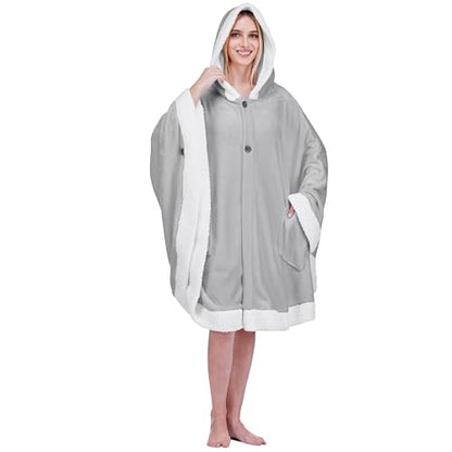 PAVILIA Hooded Blanket Poncho Fleece Wearable Shawl Wrap Throw, Light Grey | Fleece Shawl Wrap with Hood, Adult Wearable Blanket, Cozy Warm Poncho Cape Throw with Pockets, Gift for Elderly Mom - color: Light Grey