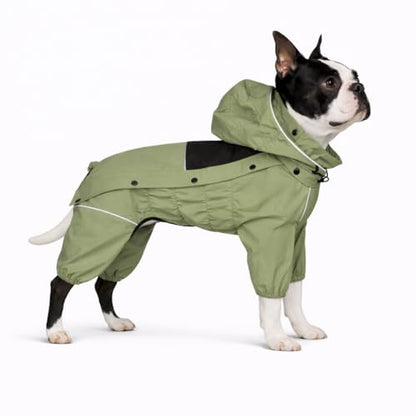 LOVELONGLONG Fleece-Lined Dog Raincoat with Removable Hood – Waterproof Winter Full Body Dog Jacket – Windproof Snowproof Cold-Weather Suit – Green-F M - color: Sage Green Fleeced, size: M (Back 14")