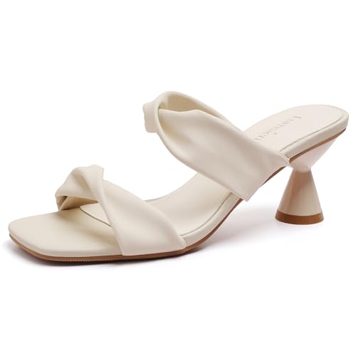 Women's Square Toe Twisted Strap Mules Open Toe Sculptural Kitten Heels Backless Slip On Sandals with Memory Foam - color: Beige Twisted, size: 9