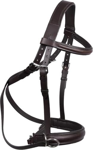 Hulara Genuine English Leather Crossover | Crossunder Bitless Horse Bridle Headstall with Reins - color: Brown, size: Full
