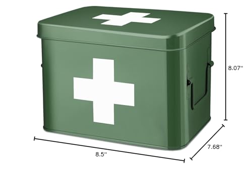 Flexzion Large Metal First Aid Box Empty, 8.5-Inch, Green with White Cross - color: Green, size: 8.5 Inch without Latch Lock