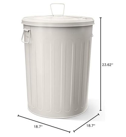Plexon 20 Gallon Metal Trash Can with Lid Outdoor Large Trash Bin Steel Garbage Can for Garage Patio Farmhouse Bucket Bird Seed Storage Can Heavy Duty Round Container, Off-White - color: Off-White