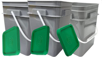 House Naturals 4 Gallon Square Food Grade Bucket Pail with Plastic Handles and Lid (Pack of 3) Made in USA containers (Gray Buckets-Green lids) - color: Gray Buckets-green Lids