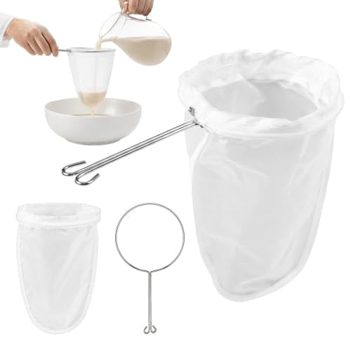 Fine Mesh Strainer Bags Cotton Filter 100 Mesh | Three-piece cotton fine mesh strainer bags with steel handle filter soy milk, juice, and coffee at 100 mesh density. - color: Milk Tea Filter Sock