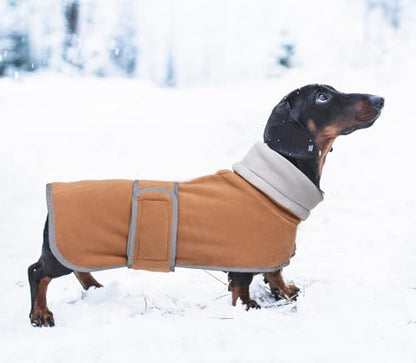 Dachshund Coats Sausage Dog Fleece Coat in Winter Miniature Dachshund Clothes with Hook and Loop Closure high vis Reflective Stripe Safety Brown XS - color: Brown, size: X-Small(Back: 12"-13"in)
