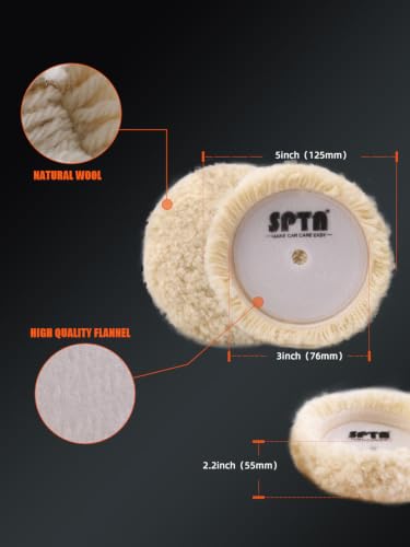 SPTA Wool Polishing Pad, 5Pcs 3"(75mm) 100% Natural Wool Buffing Pad with 1Pc Hook&Loop Backing Pad, 1Pc Extension Shank for Drill Polisher Cutting, Car Body Repair Buffing
