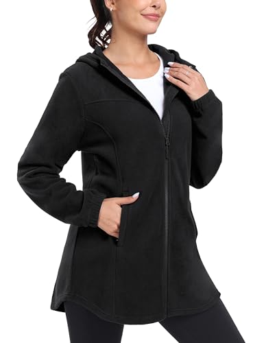 MoFiz Womens Long Soft Polar Fleece Jacket Full Zip with Hood - color: Jacket-black, size: Large