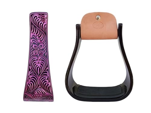 CHALLENGER Horse Western 5" Wide Barrel Racer Black Aluminum Engraved Show Stirrups 51248 - color: Black Pink