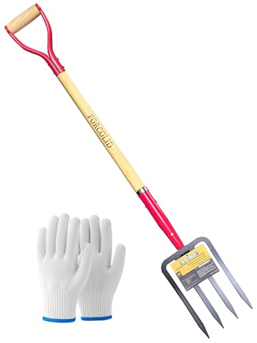 Garden Fork, 4-Tine Spading Digging Fork, Pitch Fork-45Inch, Forged Steel Y-Grip, Wood Handel-Red - color: Red