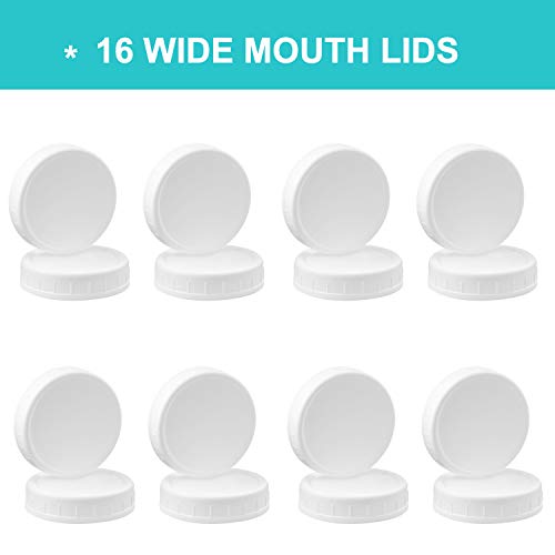 AOZITA Wide Mouth Mason Jar Lids [16 Pack] for Ball, Kerr and More - White Plastic Storage Caps for Mason/Canning Jars - Leak-Proof - Dishwasher Safe & Food Grade - size: 16 Wide Mouth