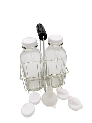 The Dairy Shoppe Heavy Glass Milk Bottles - Extra Lids, Silicone Pour Spouts, Silicone Funnel - Reusable Glass Milk Jug Dispenser - Wire Carrier - Made in USA (Liter 2 Cell Carrier Combo) - size: 33.8 Ounces