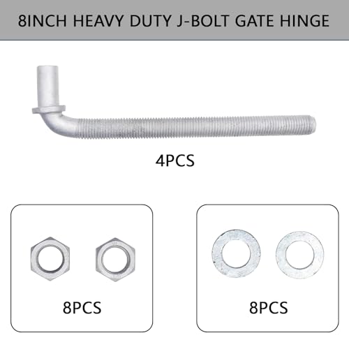 4Pcs 8inch J-Bolt Post Gate Hinge, Heavy Duty J-Bolt Gate Hinge with 5/8" Male Hinge Pin for Farm Gate Hardware, Gate Hinges for Metal Gates Nuts & Washers Included