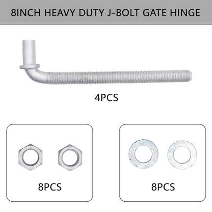 4Pcs 8inch J-Bolt Post Gate Hinge, Heavy Duty J-Bolt Gate Hinge with 5/8" Male Hinge Pin for Farm Gate Hardware, Gate Hinges for Metal Gates Nuts & Washers Included