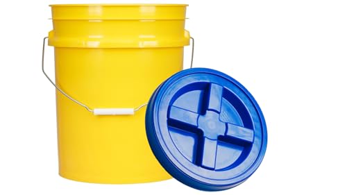 House Naturals 5 Gallon Plastic Yellow Food Grade BPA Free Made in USA Bucket Pail with Air Tight Double Gasket Screw on Lid(Pack of 3) (Yellow and Blue lids) - color: Yellow and Blue Lids
