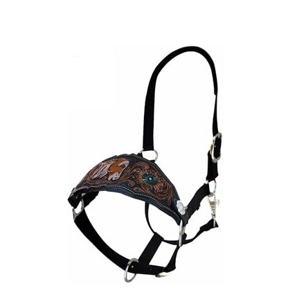 Majestic Ally Equestrian Designer Bronc Halter for Horses, Hand-Tooled Leather Nose, Padded Nylon Crown and Noseband - style: Horse Design