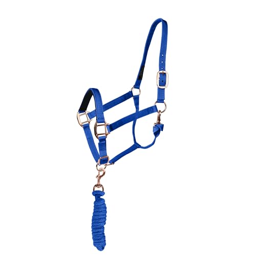 Majestic Ally Halter with Lead Rope for Horses–Adjustable Chin and Crown–Rolled Throat Latch with Replaceable Snap–Padded Noseband–Heavy Duty Rose Gold Finish Hardware - color: Royal Blue