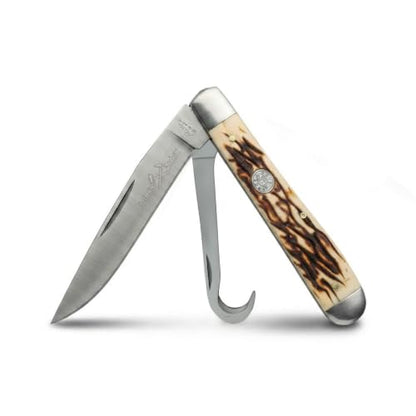 SZCO Supplies 3.75" Dual Blade Hoof Knife – Stainless Steel Hook and Clip-Point Blades, Durable Bone-Style Handle, Multi-Use Folding Utility Knife for Ranch, Barn, Camping, and Outdoor Knife