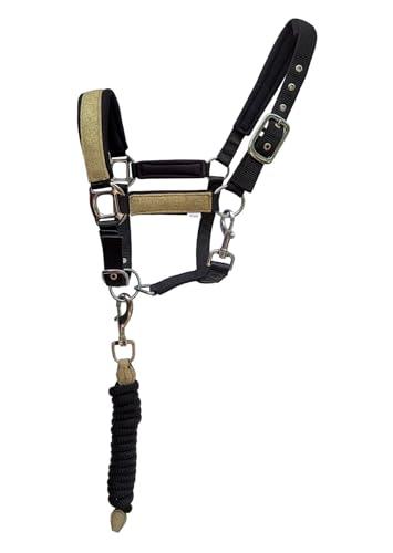 CHALLENGER Horse Halter Glitter Nylon Adjustable Padded Lead Rope 606215-C - color: Gold Glitter, size: Cob