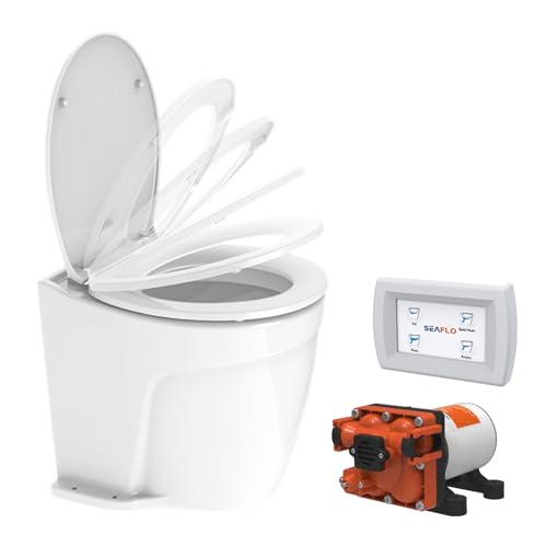 SEAFLO Deluxe Flush Freshwater Electric Marine Toilet - Raw Water Rinse, 12V, w/ 4-way Flush Panel, Smart Flushing System, Ceramic Bowl, Soft Close Seat, Quiet Flush, Macerator Pump, 4 Year Warranty - style: 12V Deluxe Flush - Raw Water Rinse - Rinse Pump