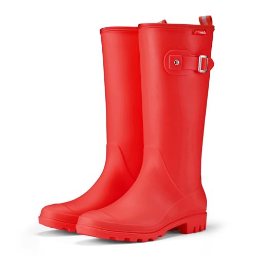 HISEA Women Rain Boots Slim Calf Tall Waterproof Tight PVC Rubber Rainboots - color: Red-slim Calf, size: 6