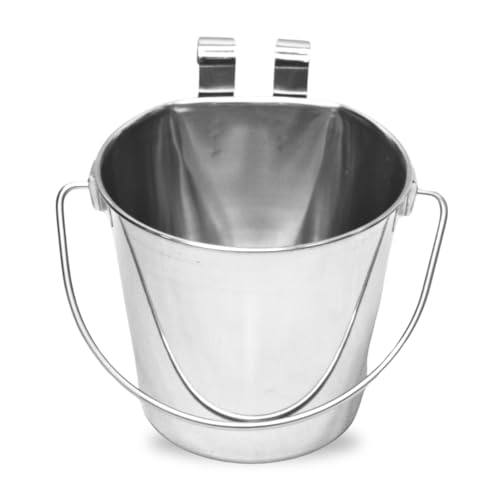 4 Quart Stainless Steel Flat Sided Bucket with Dual Hooks | 1 gal Durable Food & Water Bowl for XL Dogs, Cats, Goat & Livestock | Fits kennel Cage Critter Crate | Hanging Utility Pet Pail - size: 4 Quart