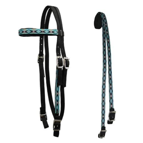 Tahoe Tack Overlay Printed Nylon Western Browband Headstall with Matching Split Reins 1 Year Warranty - color: Aztec, size: Cob