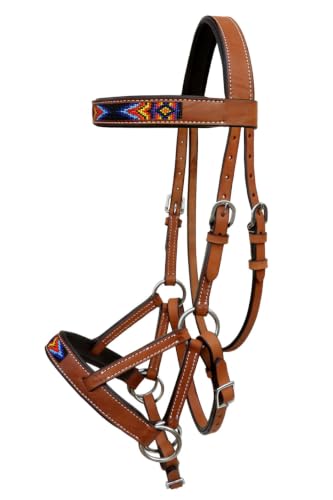 Horse Western Tan Leather Padded Bitless Training Sidepull Bridle Reins - color: Tan Beaded