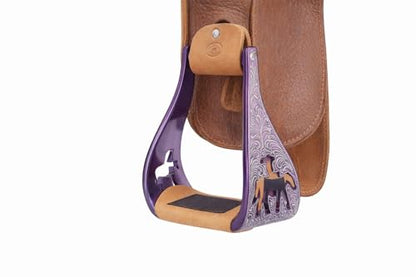 CHALLENGER Horse Western Saddle Turquoise Aluminium Bell Engraved Cut-Out Stirrups 51146v - color: Rider Purple