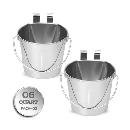 6 Quart Stainless Steel Flat Sided Bucket with Dual Hooks | 2 Pcs Food & Water Bowl for XL Dog Goat Cattle Horse & Livestock | Fits kennel Crate Cages Farm Hanging Pet Pail | Multipurpose - size: 6 Quart (Pack of 2)