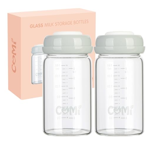 COMI Natural Glass Baby Bottle,Breastmilk Storage Bottle for Fridge,Wide Neck Breast Milk Container with Dome Cap,Fits Breast Pumps & Nipples,BPA Free,2PCS (6oz,2 Gray Lids) - style: 2Gray Bottle,6oz