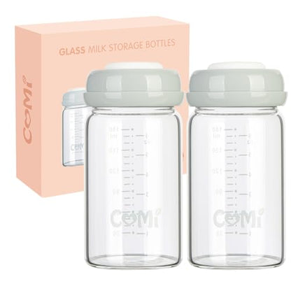COMI Natural Glass Baby Bottle,Breastmilk Storage Bottle for Fridge,Wide Neck Breast Milk Container with Dome Cap,Fits Breast Pumps & Nipples,BPA Free,2PCS (6oz,2 Gray Lids) - style: 2Gray Bottle,6oz