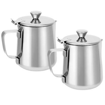 QWORK Stainless Steel Coffee Mug Milk Frothing Pitcher with Lid, 350ML, Dripless Spout, Ergonomic Handle, For Latte Coffee Art, Office and Kitchen, 2 Pcs