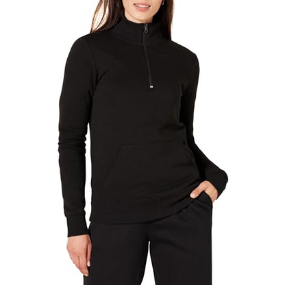 Amazon Essentials Women's Long-Sleeve Fleece Quarter-Zip Pullover Sweatshirt, Kangaroo Pocket (Available in Plus Size) - color: Black, size: Medium