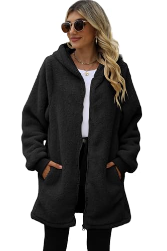 ReachMe Womens Fleece Zip Up Jacket with Pockets Oversized Long Sherpa Hoodie Fuzzy Jackets Warm Teddy Coat - color: 01 Black, size: Small