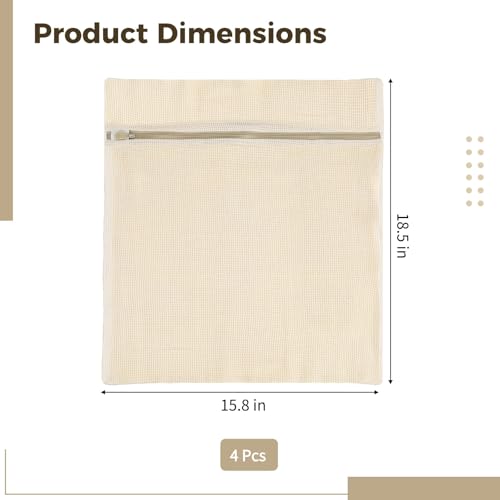 4 PCS Cotton Mesh Laundry Bags, Delicate Wash Bags with Hidden Zipper Protector, Reusable Breathable Laundry Net for Underwear Socks Pants Clothes, Travel Storage Pouches