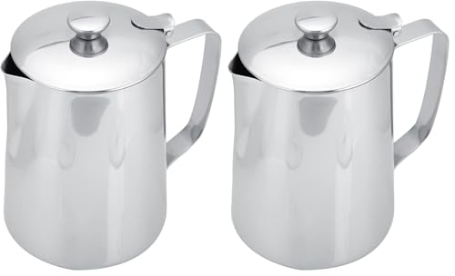 Stainless Steel Pitcher, 350ml Milk Pitcher with Lid，Stainless Steel Coffee Cup Mug Milk Frothing Jug for Latte Coffee Art for Office Kitchen (4.13in Height) (Pack of 2) - size: 11.8 Ounces (Pack of 2)